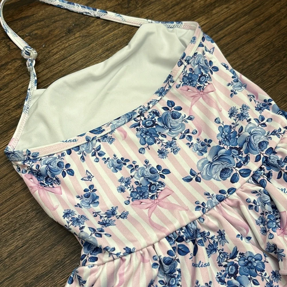 Monnalisa Pink & Blue Floral One-Piece Swimsuit - 36 Months